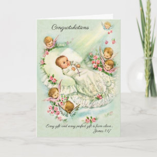 Nyfödd bebis Girl with Änglar, Kor, Rosa ros Kort