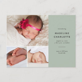 Nyfödd bebis Grönt Photo Collage Birth Notice Vykort