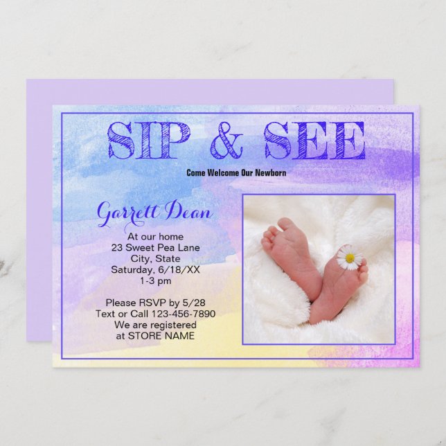Nyfödd bebis i Lila "Sip and See" Photo Party Inbjudningar (Fram/baksida)