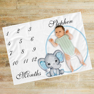 Nyfödd bebis Infant Milestone Blue Elephant Rosa P Fleecefilt