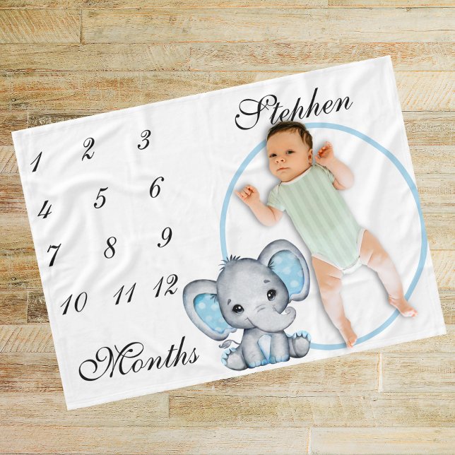 Nyfödd bebis Infant Milestone Blue Elephant Rosa P Fleecefilt (Skapare uppladdad)
