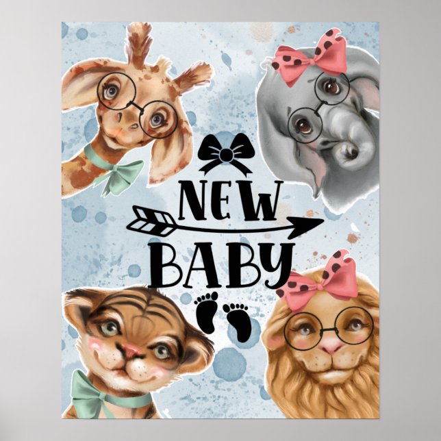 Nyfödd bebis Jungle Safari wildon Nursery blue Poster (Framsidan)