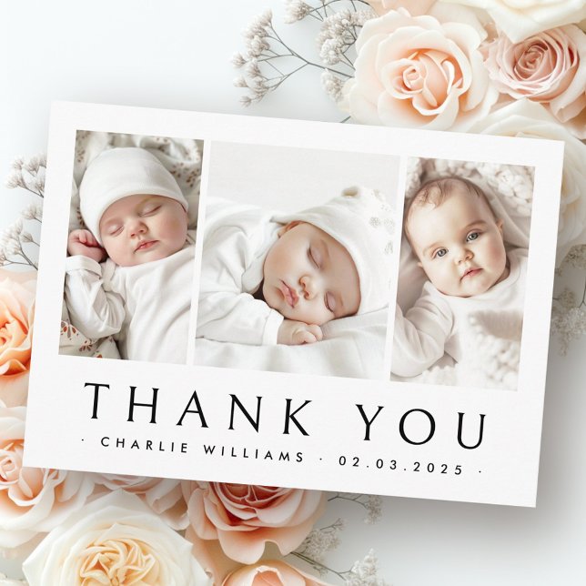 Nyfödd bebis meddelande 3 fototackkort (New baby announcement 3 photo thank you card)