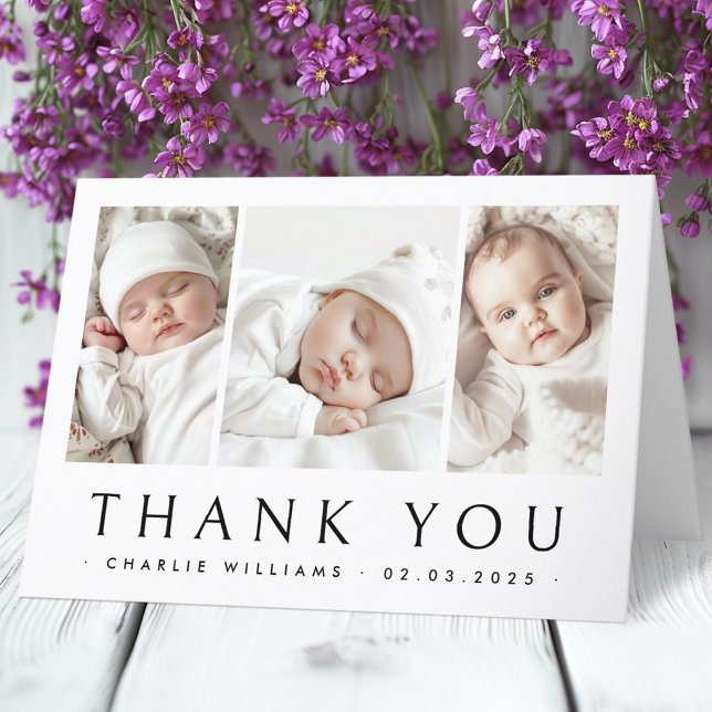 Nyfödd bebis meddelande 3 fototackkort (New baby announcement 3 photo thank you card)