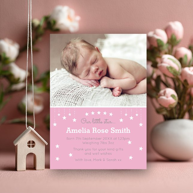 Nyfödd bebis-meddelande/tackkort meddelande (A sweet way to introduce your little star 🌟 Personalize this pink photo announcement to share your )