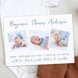 Nyfödd bebis Modern 3 Photo Collage Blue Birth Meddelande