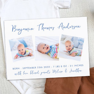 Nyfödd bebis Modern 3 Photo Collage Blue Birth Meddelande