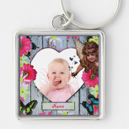Nyfödd bebis Photo Gift Flower Fairy Fyrkantig Silverfärgad Nyckelring