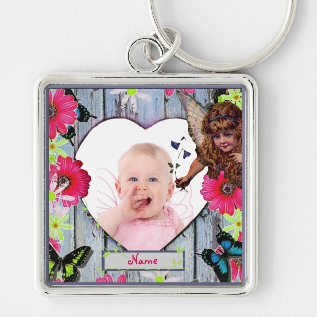 Nyfödd bebis Photo Gift Flower Fairy Fyrkantig Silverfärgad Nyckelring (Framsidan)