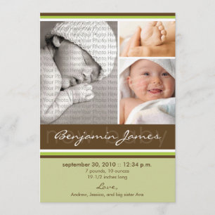 Nyfödd bebis Photo Trio Birth Notice (grönt) Meddelande