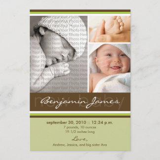 Nyfödd bebis Photo Trio Birth Notice (grönt) Meddelande