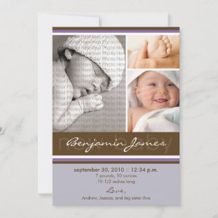 Nyfödd bebis Photo Trio Birth Notice (lila) Meddelande