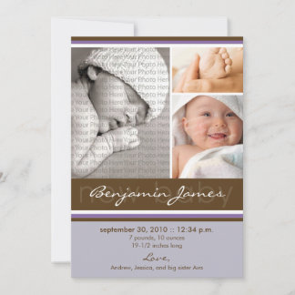 Nyfödd bebis Photo Trio Birth Notice (lila) Meddelande