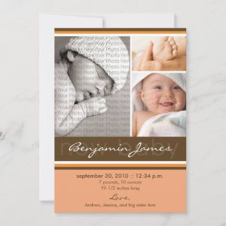 Nyfödd bebis Photo Trio Birth Notice (orange) Meddelande