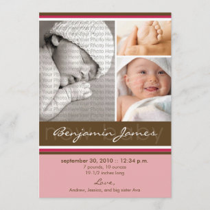 Nyfödd bebis Photo Trio Birth Notice (rosa) Meddelande