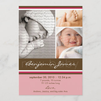 Nyfödd bebis Photo Trio Birth Notice (rosa) Meddelande