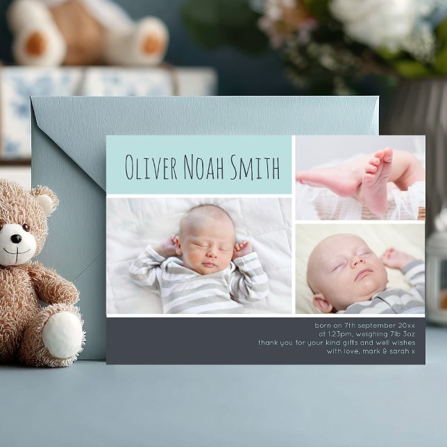 Nyfödd bebis pojkens meddelande/tackkort tack kort (Capture every sweet detail 💙 A modern photo collage birth announcement to celebrate your little one)
