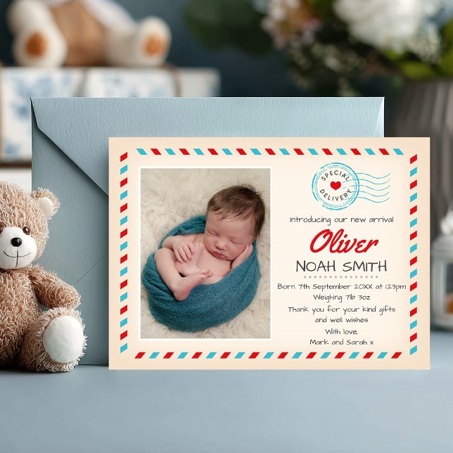 Nyfödd bebis pojkens meddelande/tackkort tack kort (Special delivery ✈️ Announce your baby boy’s arrival with this charming airmail-themed photo card.)