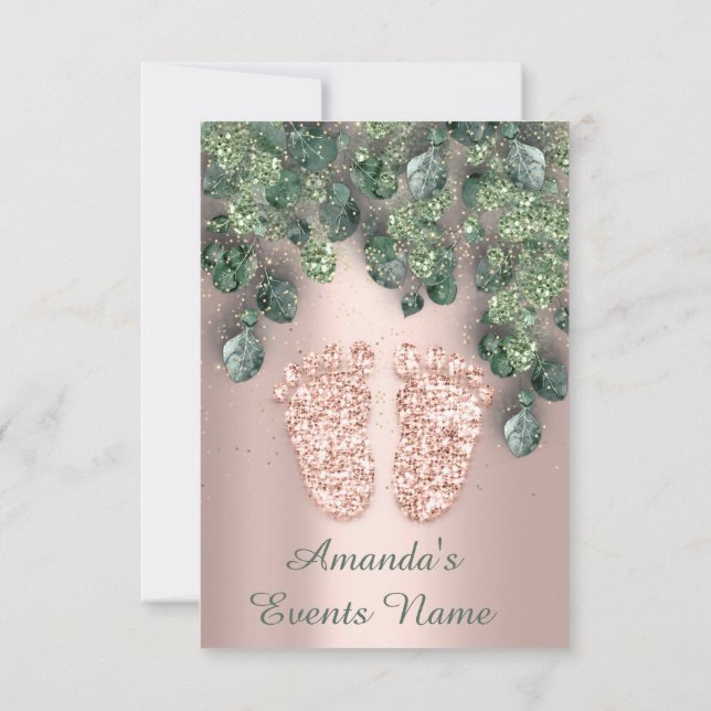Nyfödd bebis SHOWER FEET GLITTER Ro Mint Inbjudningar (Baksida)