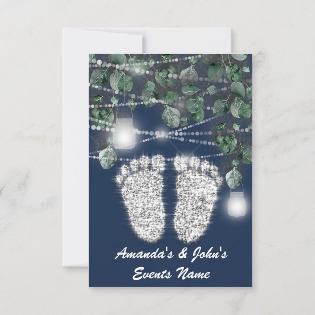 Nyfödd bebis SHOWER Feet Glitter Silver Girl Boy N Inbjudningar (Baksida)