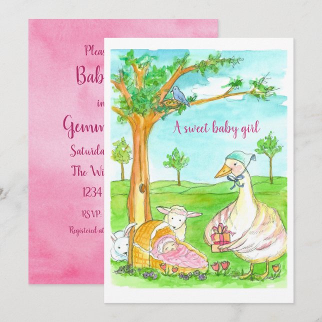 Nyfödd bebis Shower Girl Fairy Tale Animals Inbjudningar (Fram/baksida)