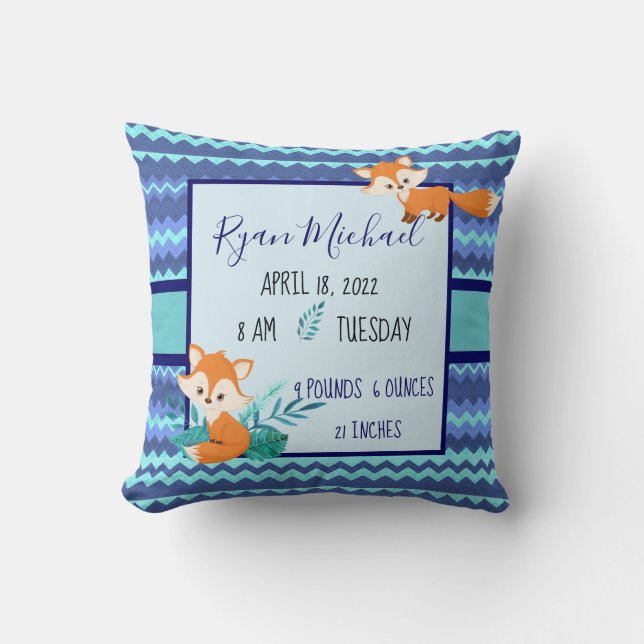 Nyfödd bebis Stats Pillow Fox Blue Shower Gift Boy Kudde (Framsida)