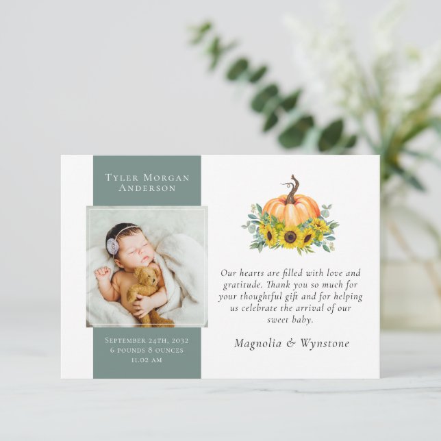 Nyfödd bebis Tack | Fall Pumpkin Solros (Stående Fram)