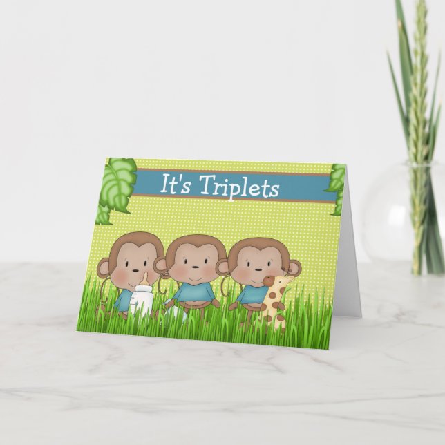 Nyfödd bebis Triplet Boys Cute Monkey Kort (Framsida)