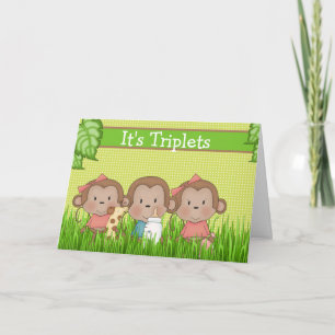 Nyfödd bebis Triplet Two Girls One Boy Cute Monkey Kort