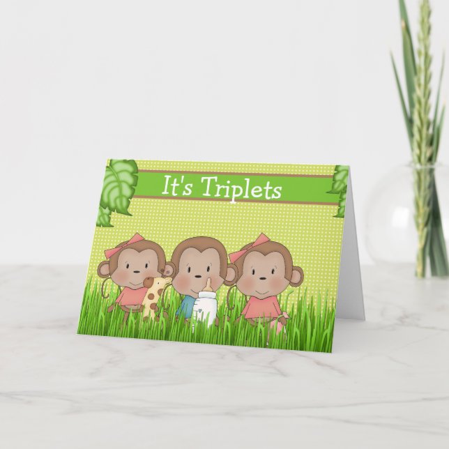 Nyfödd bebis Triplet Two Girls One Boy Cute Monkey Kort (Framsida)