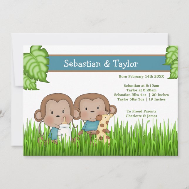 Nyfödd bebis Twin Boys Cute Monkey Meddelande (Framsida)