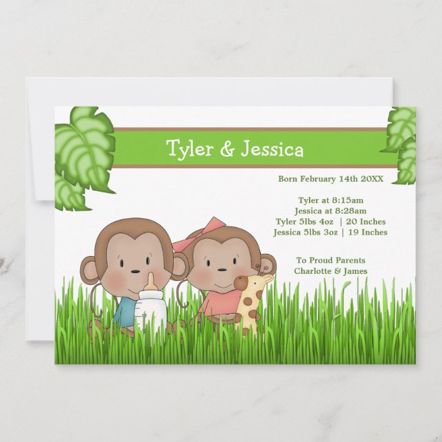 Nyfödd bebis Twin Girl and Boy Cute Monkey Meddelande (Framsida)