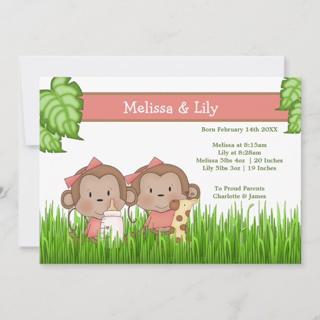 Nyfödd bebis Twin Girls Cute Monkey Meddelande (Framsida)