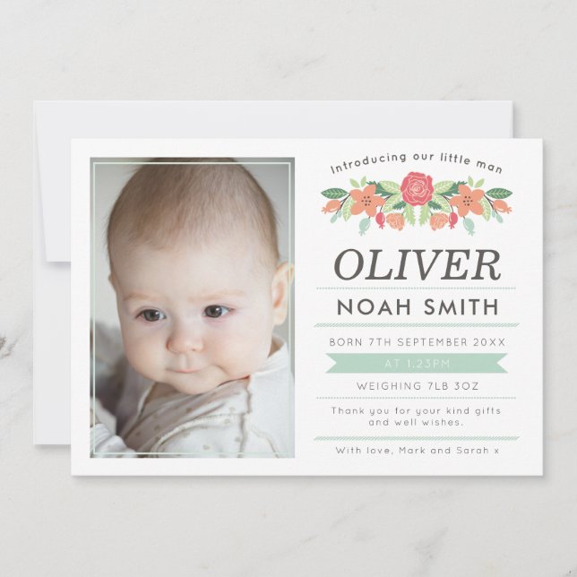 Nyfödd bebispojkemeddelandet/tackar dig att card tack kort (Framsida)