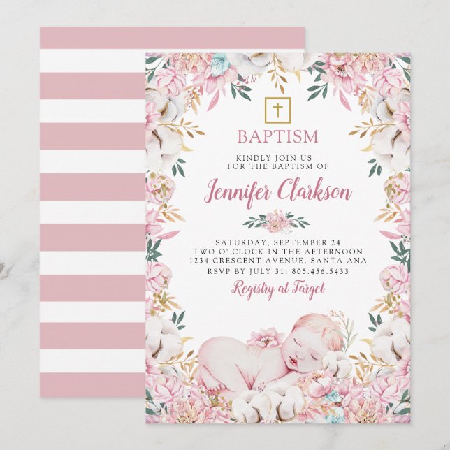 Nyfödd Blommigt Baptism Inbjudningar (Fram/baksida)