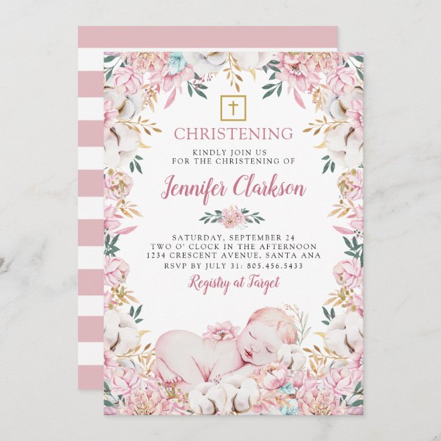 Nyfödd Blommigt Christening Inbjudningar (Fram/baksida)
