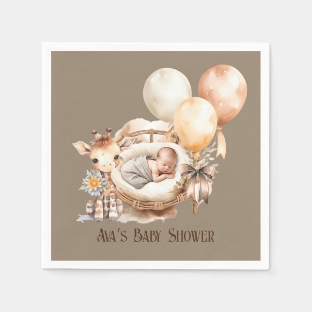 Nyfödd Earth Tone Giraffe Balloons Baby Shower Pappersservett (Framsidan)