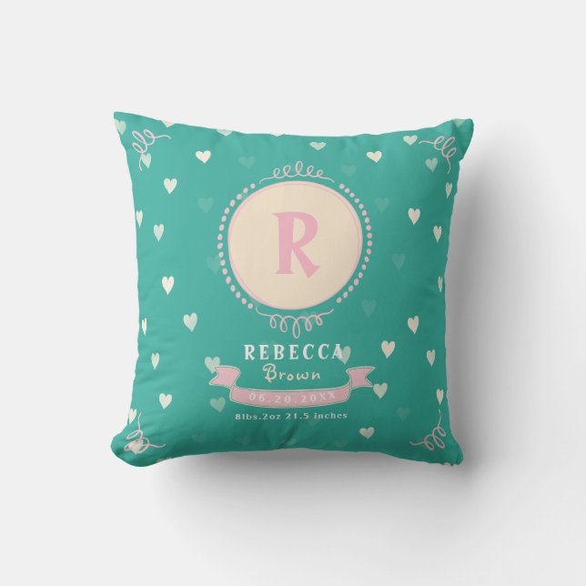 Nyfödd flicka personlig baby keepsakes monogram kudde (Framsida)