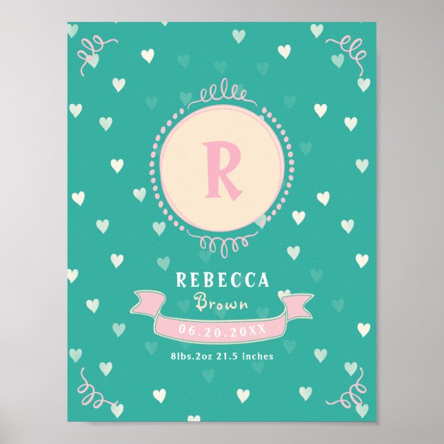 Nyfödd flicka personlig baby keepsakes monogram poster (Framsidan)