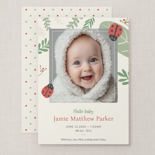 Nyfödd Nyhetskort med Ladybird Meadow Foto Meddelande (Ladybird Meadow - 5x7" Flat Ladybug Baby Announcement Photo Card)