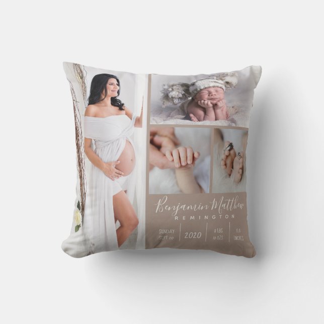 Nyfödd Pojke Beige Photo Keepsaké Kudde (Framsida)