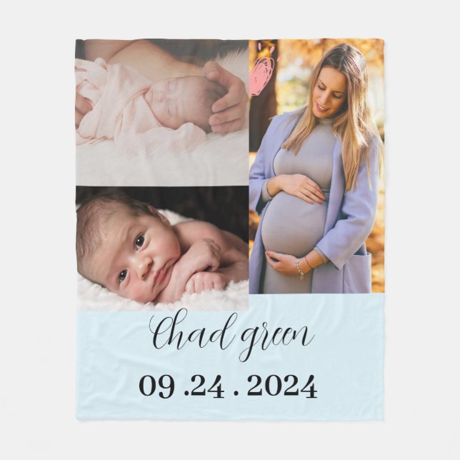 Nyfödd pojke (blått foto) fleecefilt (Framsidan)