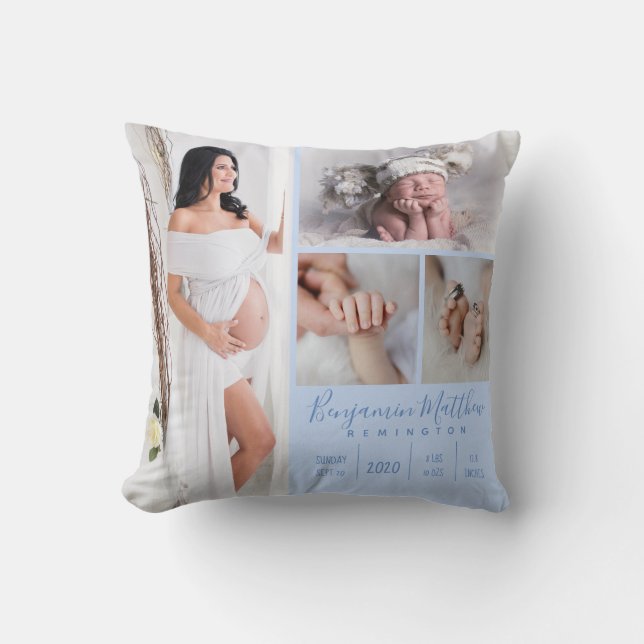 Nyfödd Pojke Blue Photo Keepsaké Kudde (Framsida)