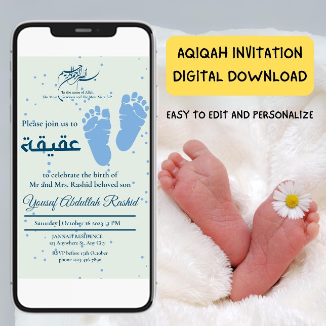 Nyfödd Pojke muslim Aqiqah Aqeeqa Inbjudningar (Footprint Newborn Baby Boy Muslim Aqiqah Aqeeqa Invitation)