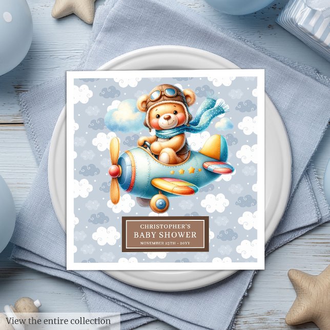 Nyfödd Pojke Nalle Pilot Napkins Anpassningsbar Pappersservett (Newborn Baby Boy Teddy Bear Pilot Napkins Custom)