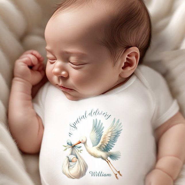 Nyfödd Pojke Namn Blue Stork Delivery T Shirt (Newborn Baby Boy Name Blue Stork Delivery Baby Bodysuit)