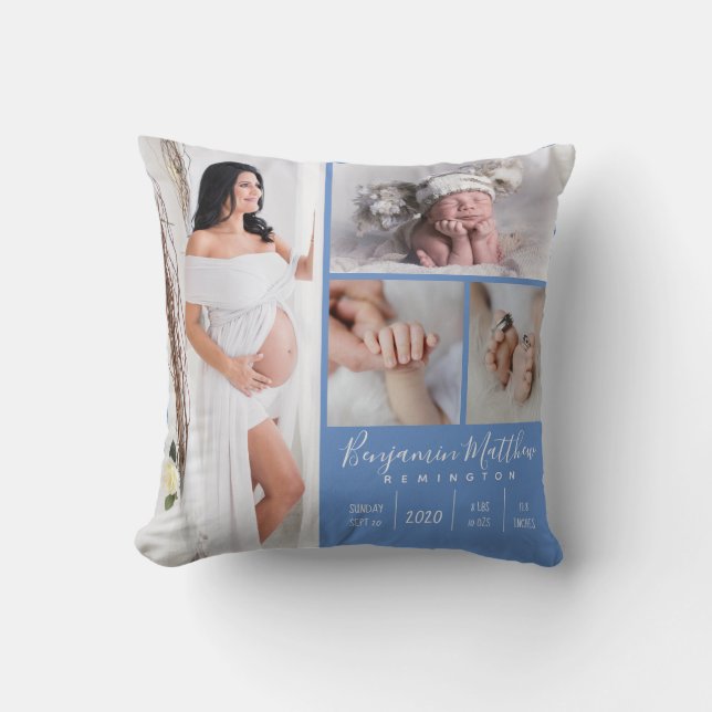 Nyfödd Pojke Photo KeepsakBlue Kudde (Framsida)