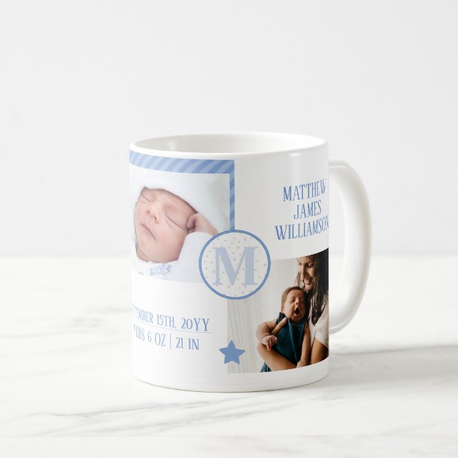 Nyfödda Baby Fotokollage, Monogram och födelseatte Kaffemugg (Framsida höger)