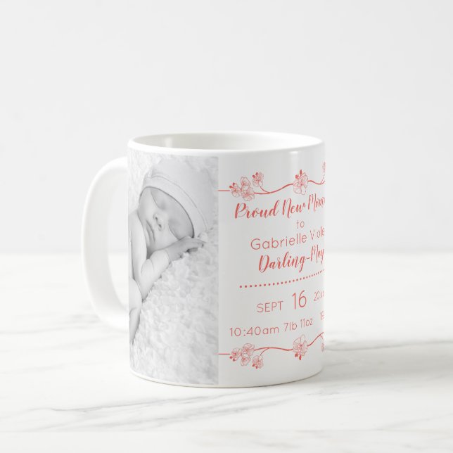 Nyfödda babyfoto & födelsestatistik - korall & vit kaffemugg (Framsida vänster)