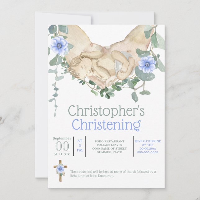 Nyfödda pojke sover i händer eucalyptus inbjudningar (Framsida)